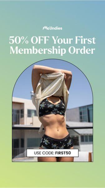 A mobile-first ad creative featuring a model in patterned underwear, focusing on a clear, high-value discount incentive for new members.